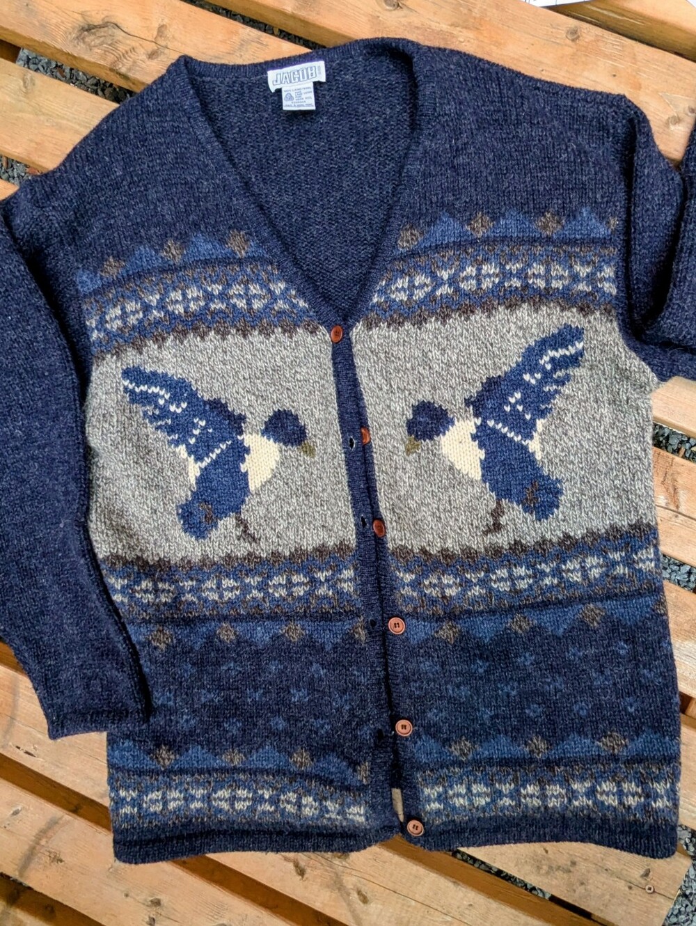 VINTAGE JACOB INTARSIA DUCK PURE WOOL CARDIGAN L / CARDIGAN CANARDS PURE LAINE